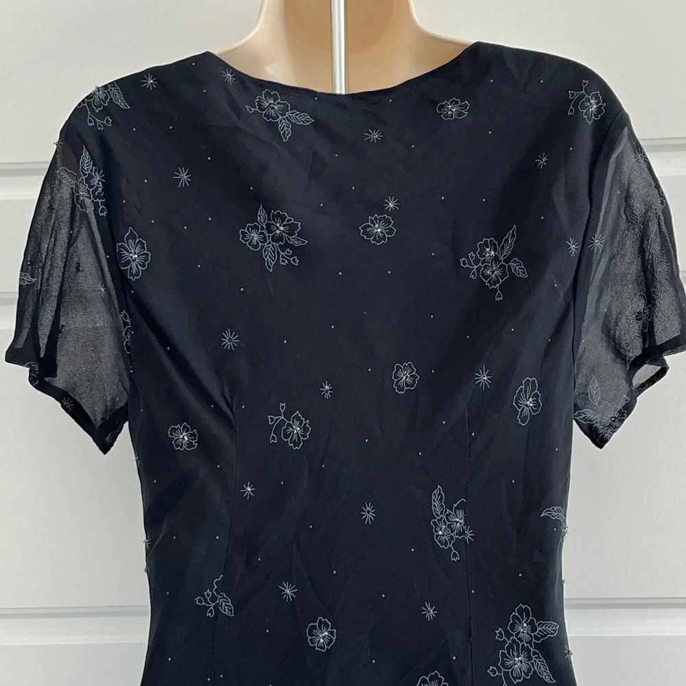 Vintage CDC Black Floral Maxi Dress Beaded Chiffon Dark Fairycore 10 Romantic - Picture 8 of 15